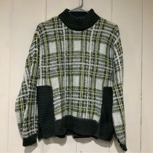 Nine West Women's Plaid Sweater Mock Neck Gray Yellow Green Size Medium